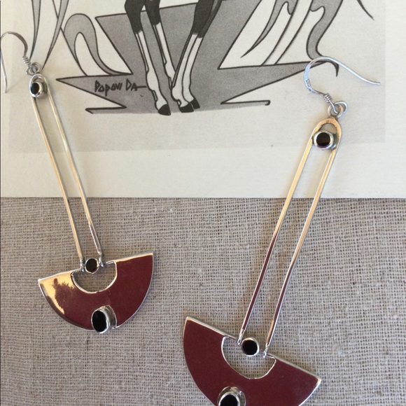 Vintage Native American - Dangle Black Onyx & 925 Silver Earrings - Picture 3 of 7